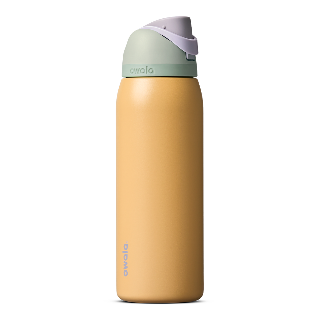 FreeSip 40oz in Beachfront, warm golden yellow insulated bottle with mint green accent band, lavender flip cap, and lavender carry loop