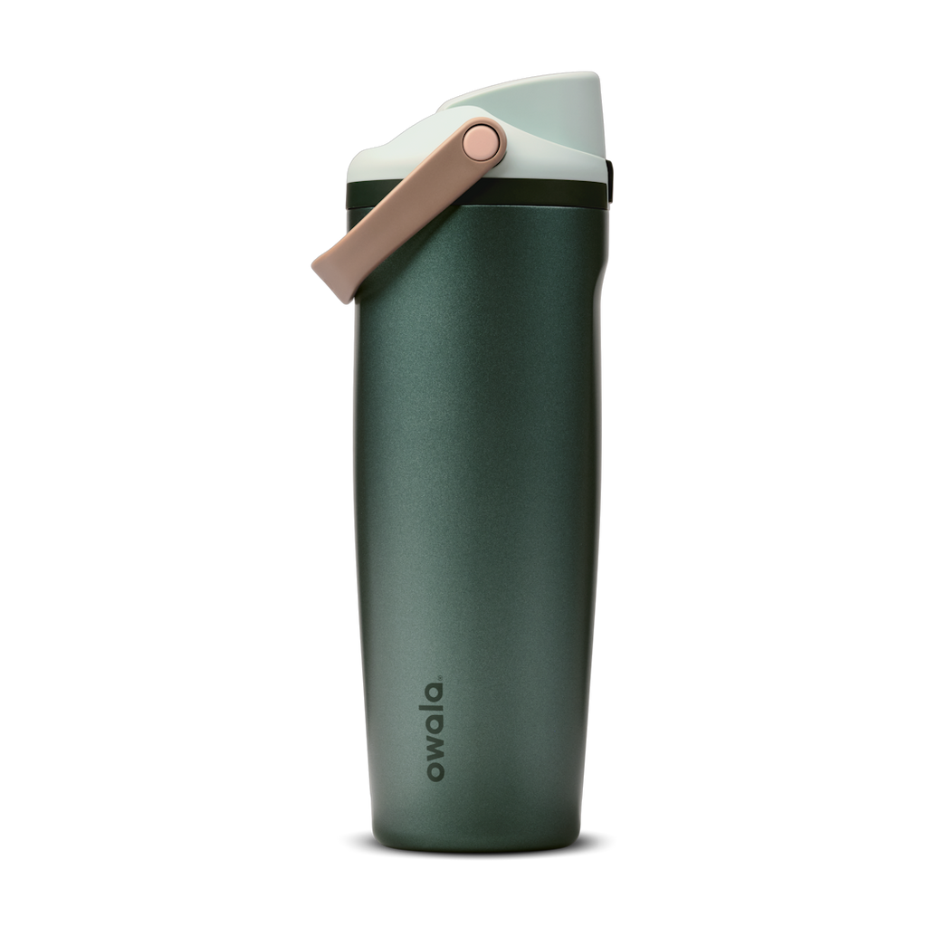 FreeSip Sway 30oz Wintergreen; deep forest green body with soft mint-sage flip cap and tan leather carry loop