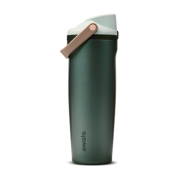 FreeSip Sway 30oz Wintergreen; deep forest green body with soft mint-sage flip cap and tan leather carry loop