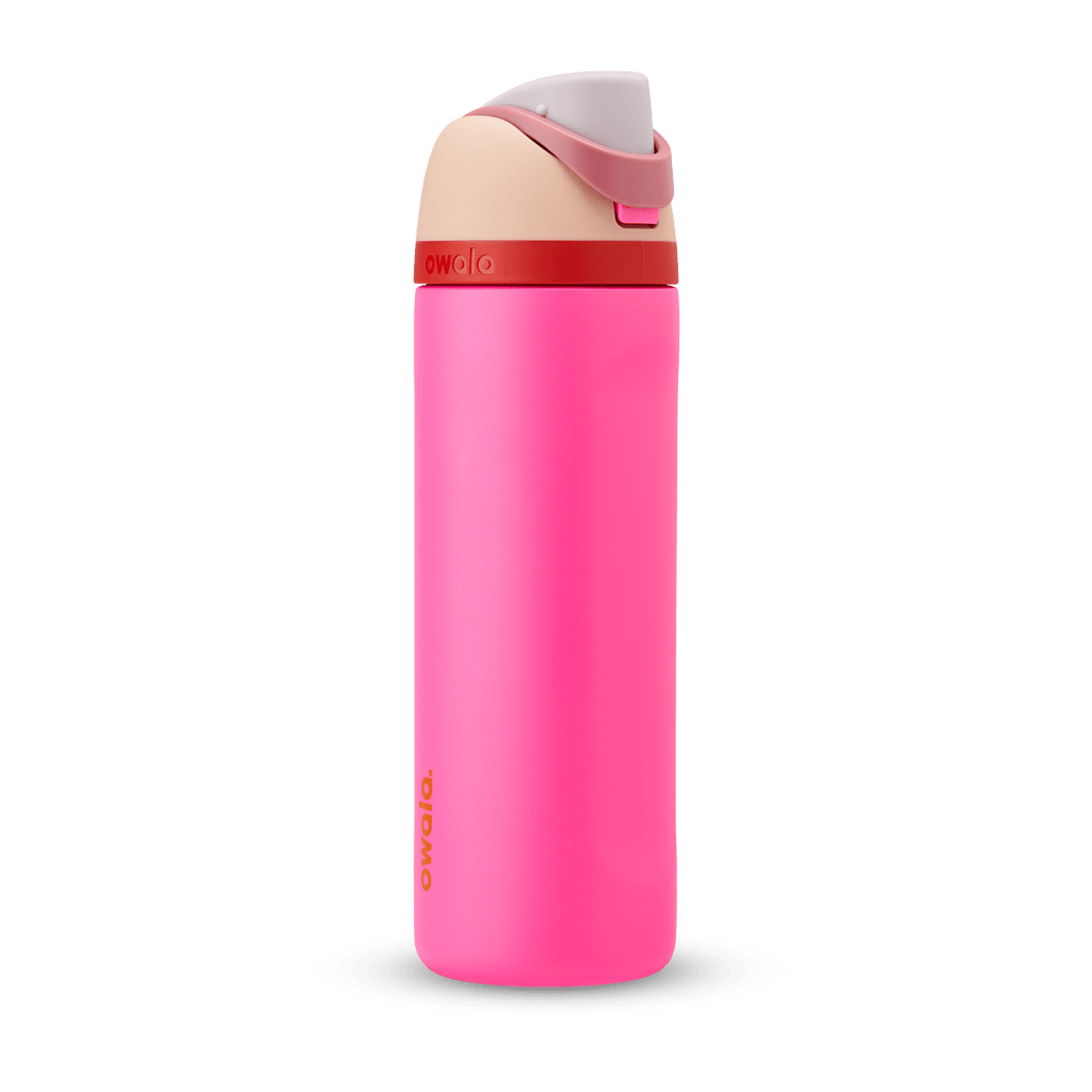 FreeSip 24oz in Can You See Me?, hot pink body with red accent band, peach flip cap, dusty rose carry loop, lavender lid, and orange logo