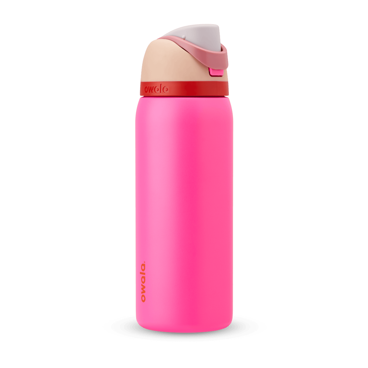 FreeSip 32oz in Can You See Me?, hot pink body with red accent band, peach flip cap, dusty rose carry loop, lavender lid, and orange logo