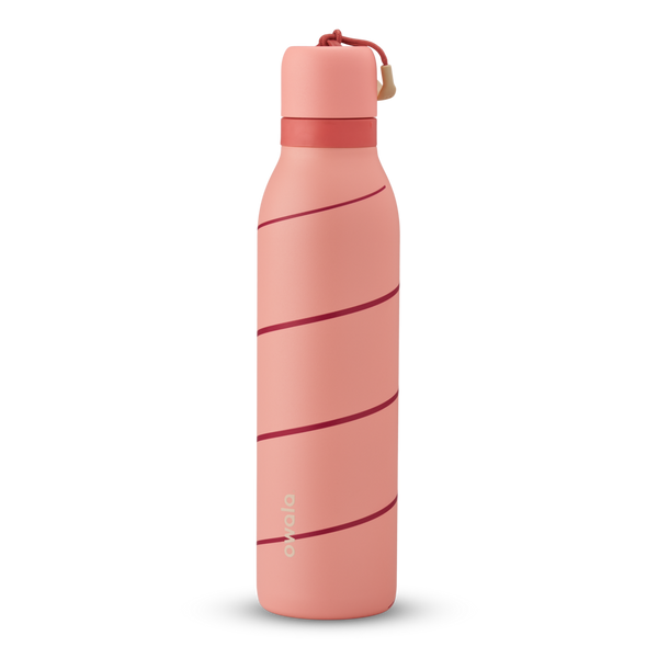 FreeSip Twist 24oz in Candy Cane Lane, coral pink insulated water bottle with diagonal dark red candy-cane stripe pattern, matching pink twist cap, and red carry loop