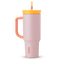 40oz Tumbler in Candy Store, soft blush pink insulated tumbler with coral handle, golden yellow lid, and straw