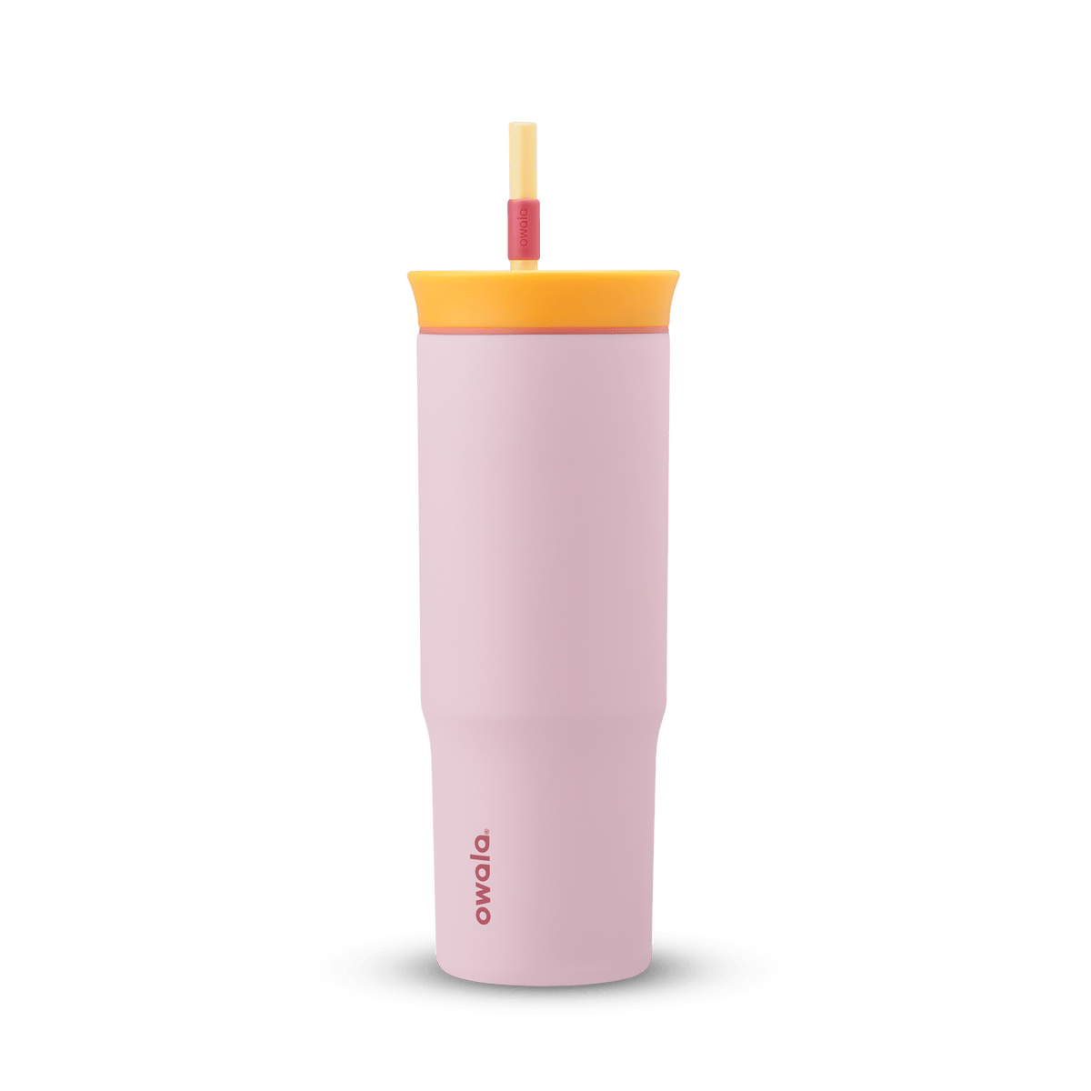 24oz Tumbler in Candy Store; matte light pink insulated tumbler with golden yellow lid, coral-red accent ring, and yellow straw with red grip, Owala wordmark on front