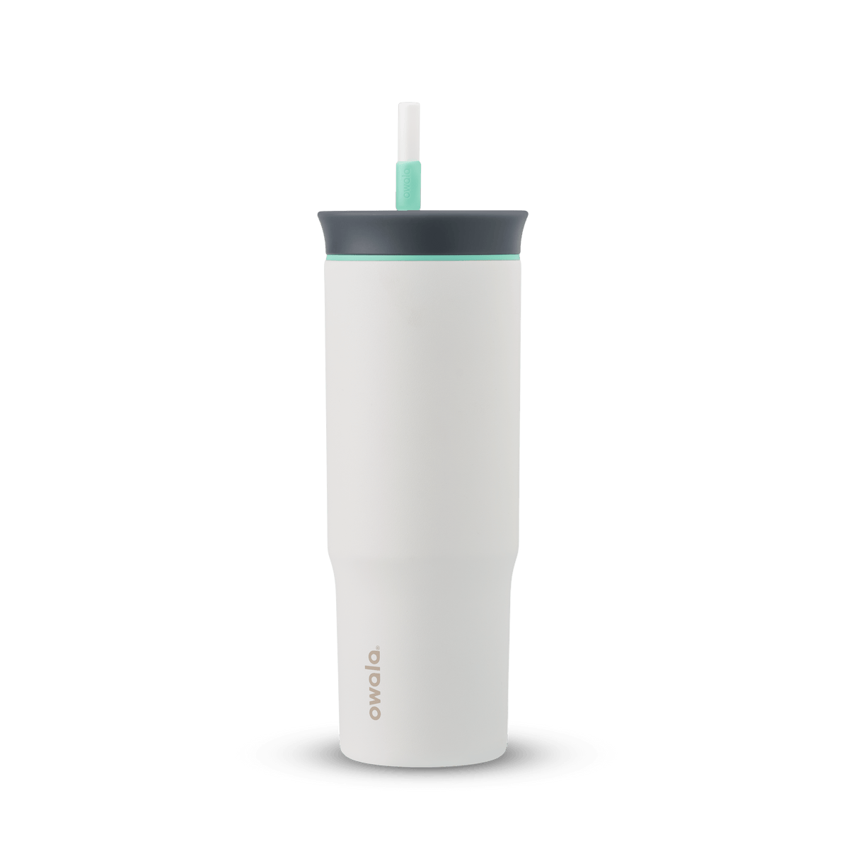 24oz Tumbler in Cloudscape; matte off-white insulated tumbler with dark slate-gray lid, mint green accent ring, and white straw with mint green grip, Owala wordmark on front