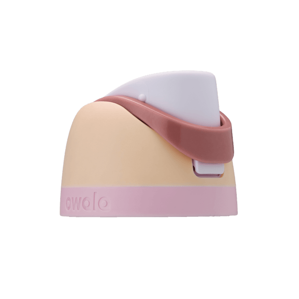 Owala FreeSip replacement lid in Coastal Mist, peach cream body with white flip cap, dusty rose carry loop, and light pink base accent band