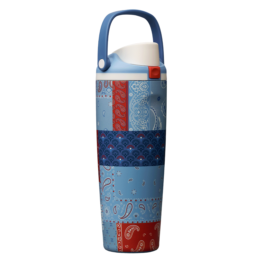 Rotating view of Common Threads Bottle Boot, patchwork quilted design in blue, red, and white bandana-style panels with a blue carry loop Main image