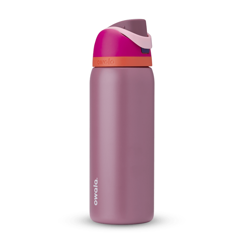 Full profile shot of the 32oz 'Crown Jewel' FreeSip water bottle in pink and mauve.