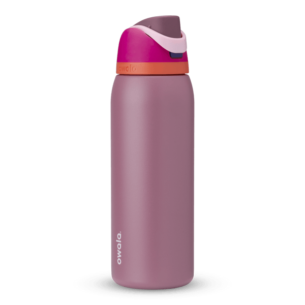 FreeSip 40oz in Crown Jewel, dusty mauve body with hot pink flip cap, light pink carry loop, and bright orange accent band