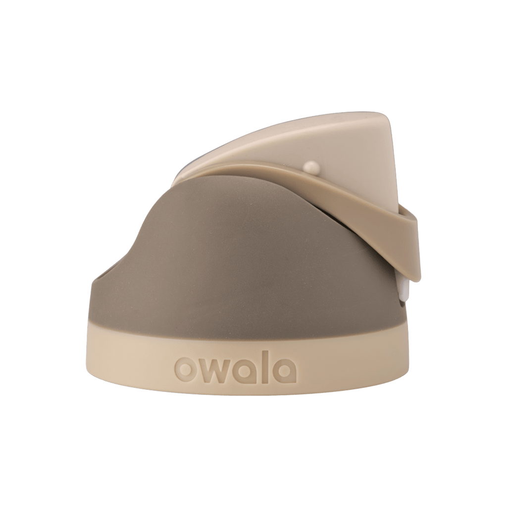 Owala FreeSip replacement lid in Down to Earth, dark olive brown body with matching tan beige flip cap and carry loop and tan beige base accent band