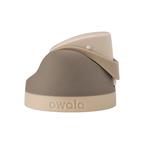 Owala FreeSip replacement lid in Down to Earth, dark olive brown body with matching tan beige flip cap and carry loop and tan beige base accent band