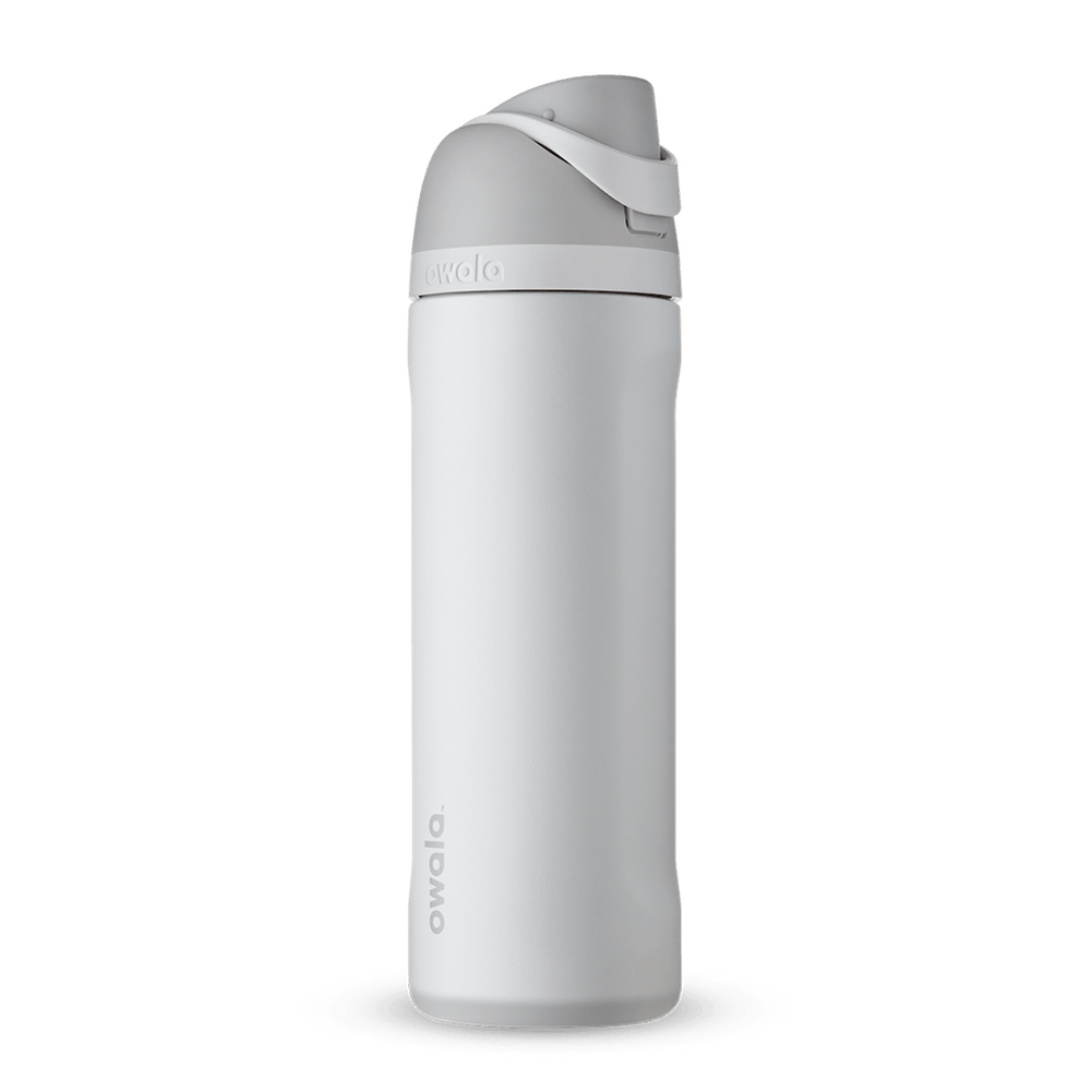 FreeSip 24oz water bottle, soft off-white body with light gray flip cap and carry loop