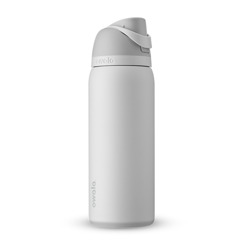 FreeSip 32oz water bottle, soft off-white body with light gray flip cap and carry loop