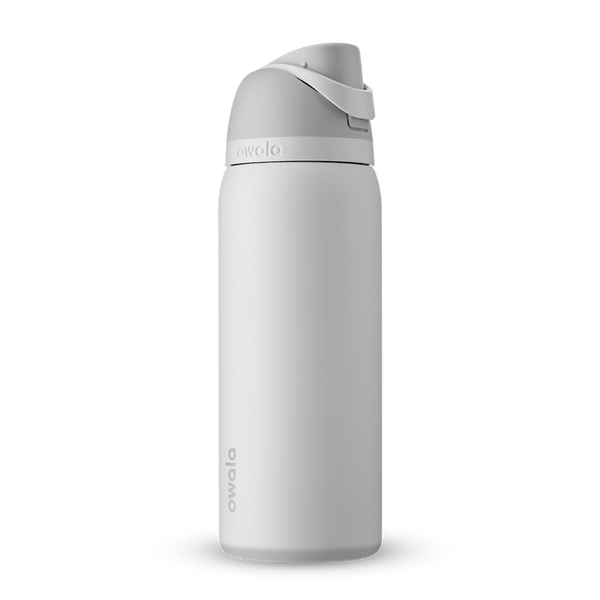 FreeSip 32oz water bottle, soft off-white body with light gray flip cap and carry loop