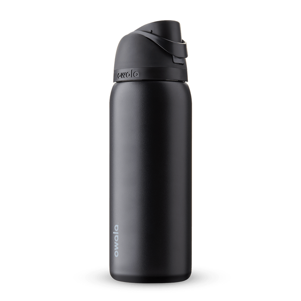 FreeSip 32oz in Very, Very Dark, all-black insulated bottle with matching black flip cap, carry loop, and lid