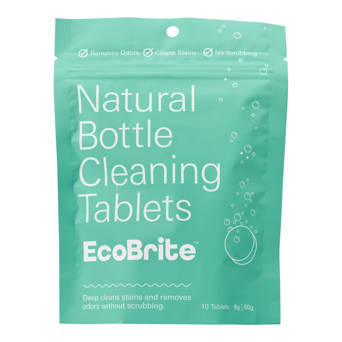 Bottle Cleaning Tablets 10 Pack in EcoBrite; front of teal resealable packet labeled \Natural Bottle Cleaning Tablets EcoBrite\ Main image