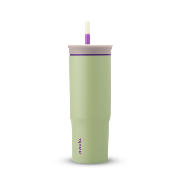 24oz Tumbler in Hip Cactus; matte sage green insulated tumbler with light mauve lid, purple accent ring, and cream straw with purple grip, purple Owala wordmark on front