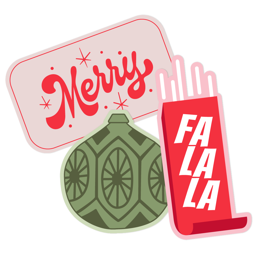 Holiday Sticker Pack illustration; \Merry\ pink rectangle with red script, green vintage Christmas ornament, and red \Fa La La\ tall rectangle stickers arranged together Main image