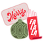 Holiday Sticker Pack illustration; \Merry\ pink rectangle with red script, green vintage Christmas ornament, and red \Fa La La\ tall rectangle stickers arranged together