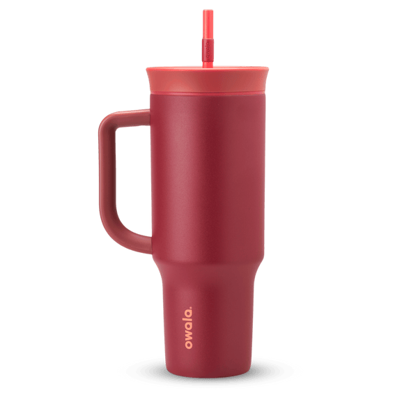 40oz Tumbler in Holly Berry, deep cranberry red insulated tumbler with matching red handle, coral-toned lid, and straw