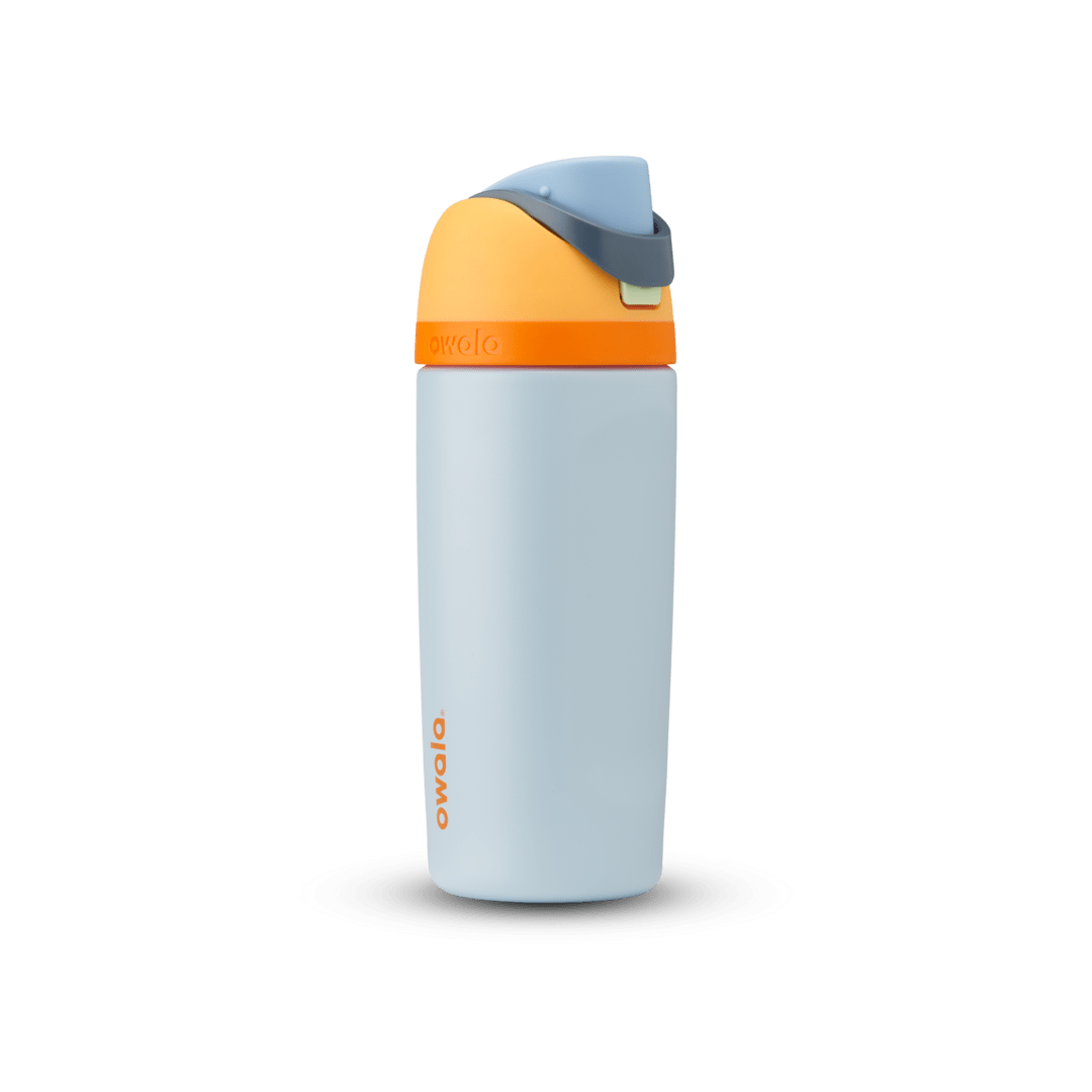 Kids FreeSip 16oz in Blue, light powder blue insulated bottle with bright orange lid and accent band, yellow-orange flip cap, light blue carry loop, and orange Owala logo Main image