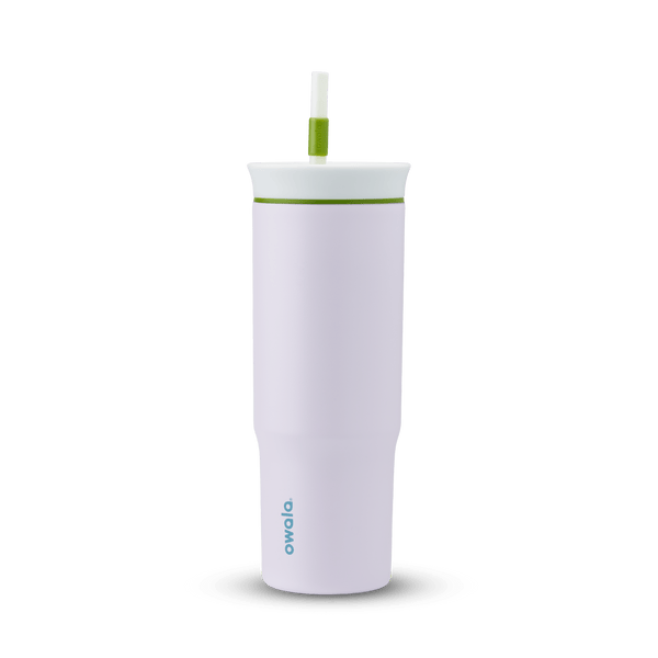 24oz Tumbler in Lost in Space; matte light lavender insulated tumbler with white lid, olive green accent ring, and white straw with green grip, Owala wordmark on front