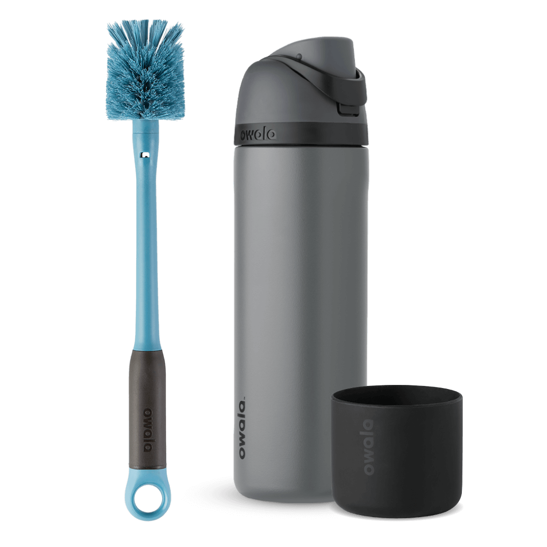 Starter Pack Bundle; gray FreeSip water bottle with gray flip cap, blue bottle brush with loop ring, and black silicone Bottle Boot Main image