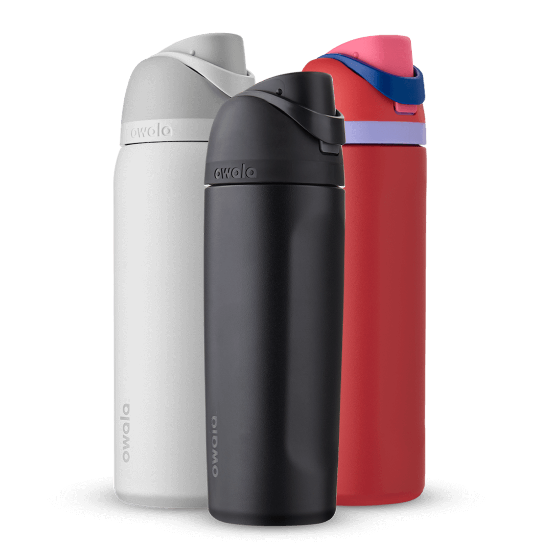 FreeSip Bundle; group of three FreeSip insulated water bottles in white, black, and red with lavender carry loop and navy accent band Main image