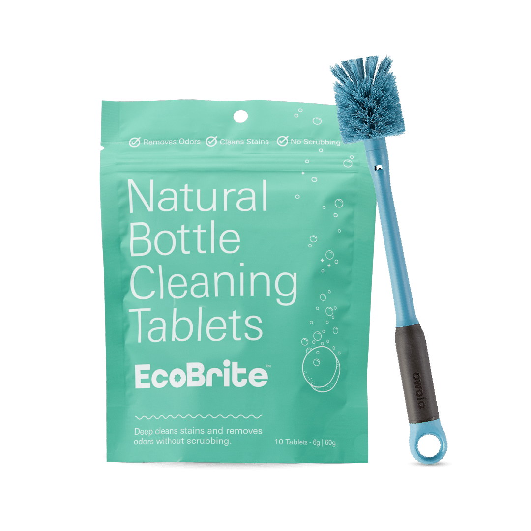 Bottle Cleaning Bundle; teal EcoBrite Natural Bottle Cleaning Tablets resealable packet beside a blue long-handled bottle brush with gray grip and loop ring Main image