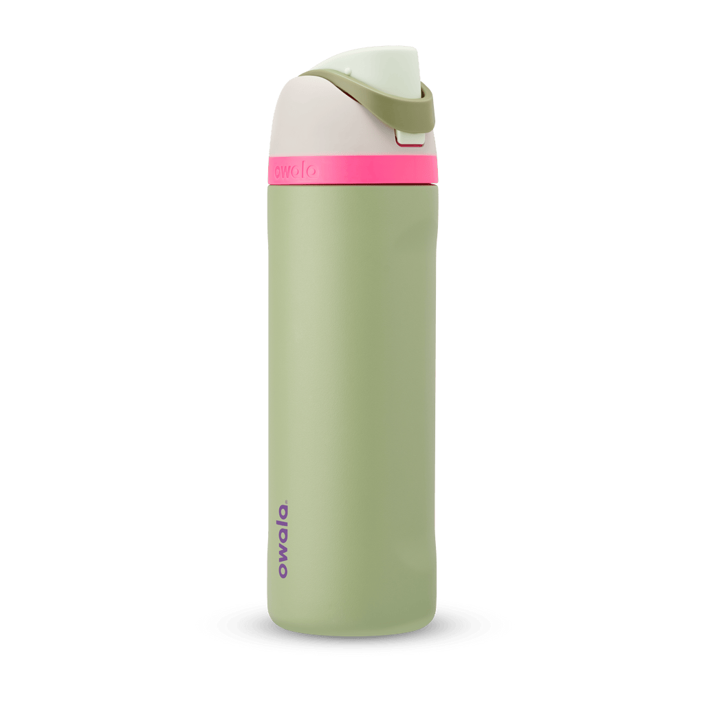 FreeSip 24oz in Neo Sage, sage green body with hot pink accent band, cream lid, sage green carry loop, and mint green flip cap