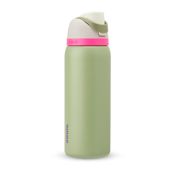 FreeSip 32oz in Neo Sage, sage green body with hot pink accent band, cream lid, sage green carry loop, and mint green flip cap