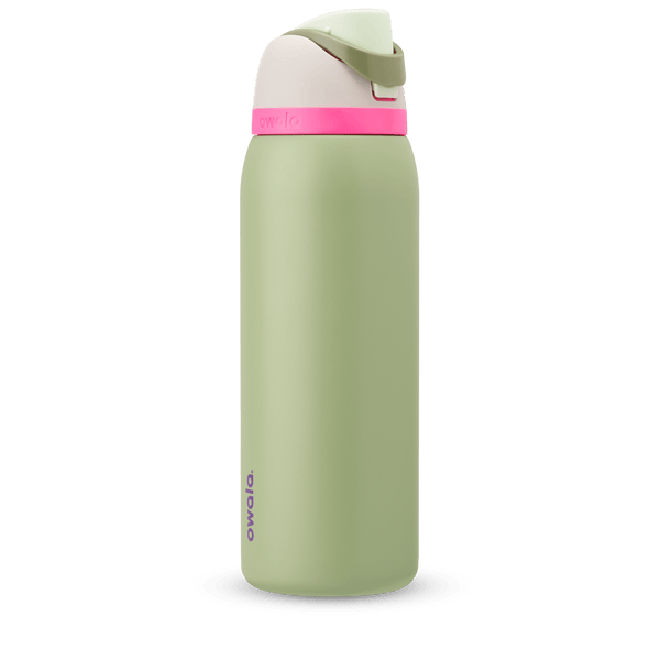 FreeSip 40oz in Neo Sage, sage green body with hot pink accent band, cream lid, sage green carry loop, and mint green flip cap