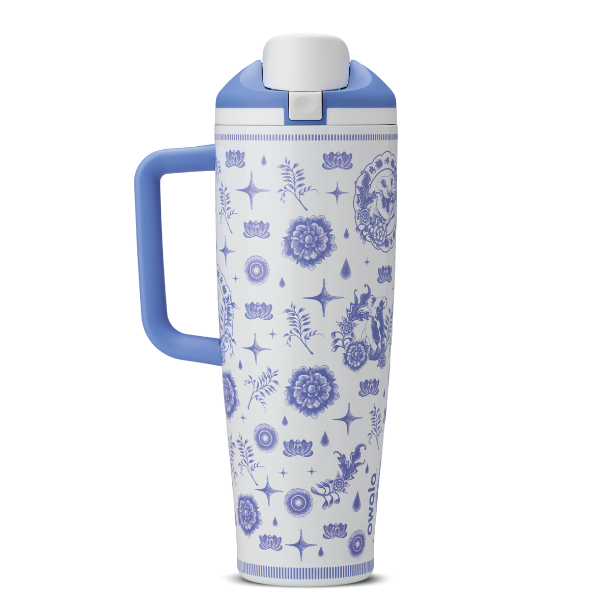 Heirloom 40oz Tumbler with handle; white body with blue delft-style illustrated pattern of stars, flowers, and charms; periwinkle blue handle and lid Main image