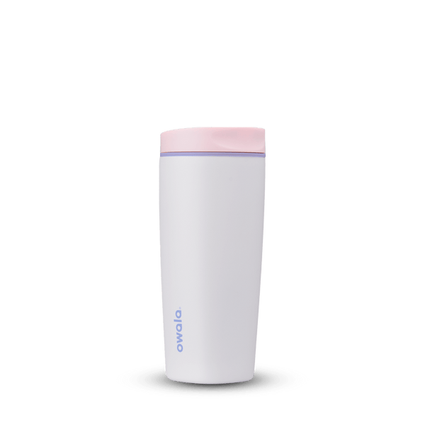 Full profile shot of the 20oz pink 'Candy Coated' SmoothSip Slider coffee mug.