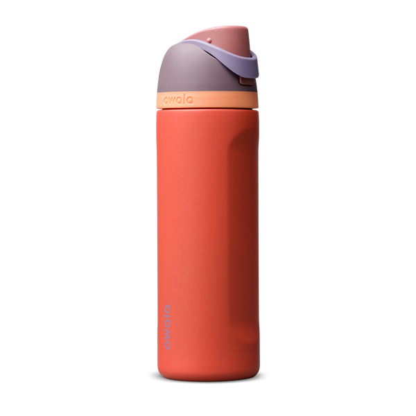 FreeSip 24oz in Terracotta Sunset, warm terracotta orange insulated bottle with muted mauve purple flip cap and peach accent band