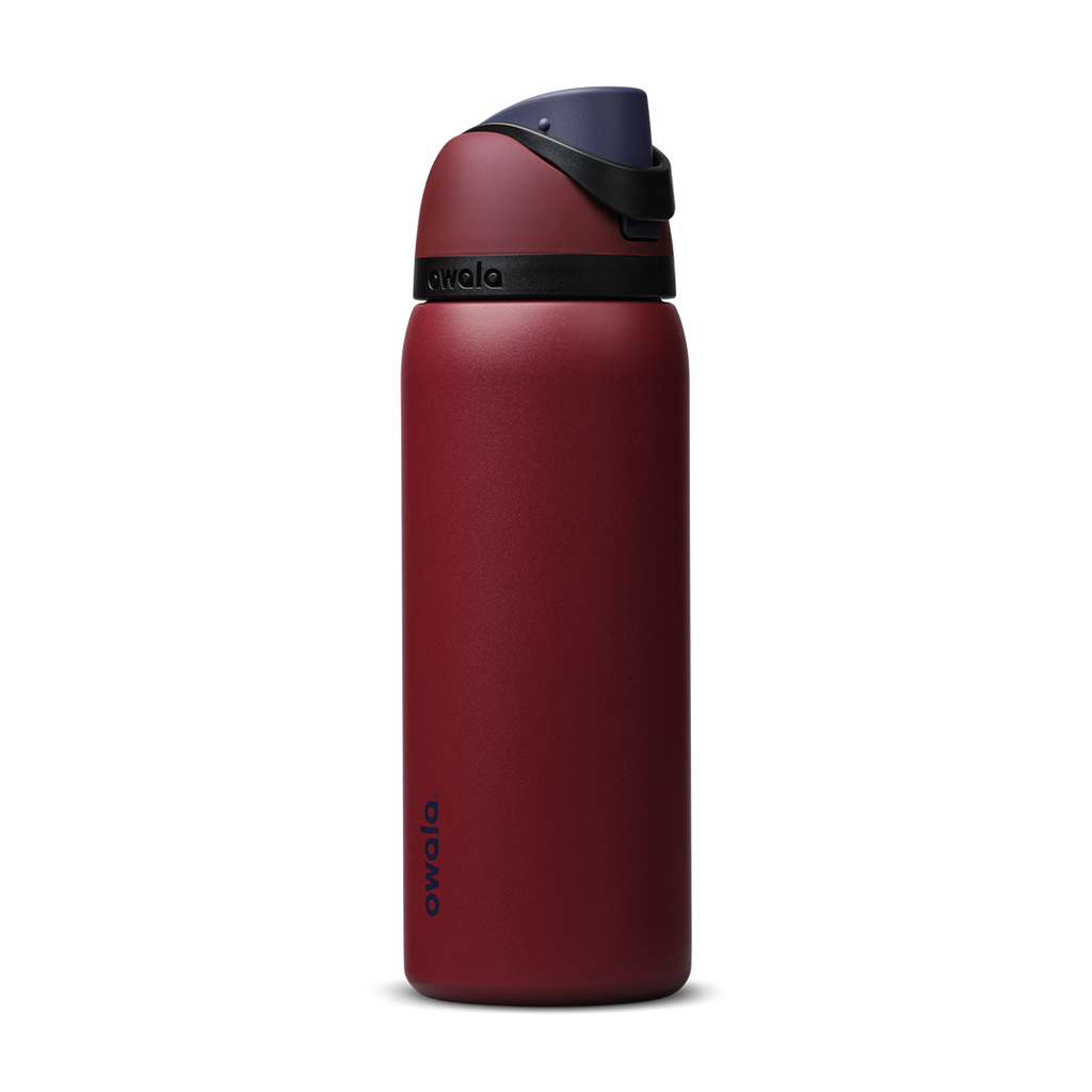 FreeSip 32oz in Burgundy Bay, deep burgundy red insulated bottle with dark navy flip cap and matching carry loop