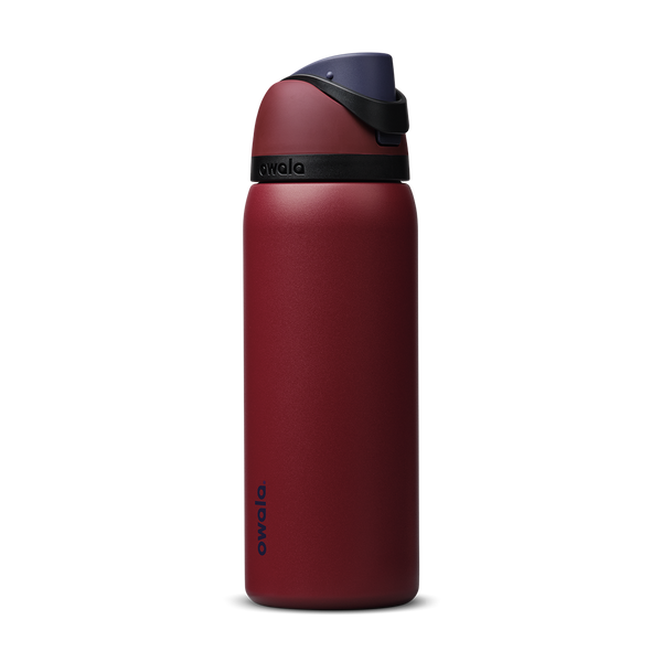 FreeSip 32oz in Burgundy Bay, deep burgundy red insulated bottle with dark navy flip cap and matching carry loop