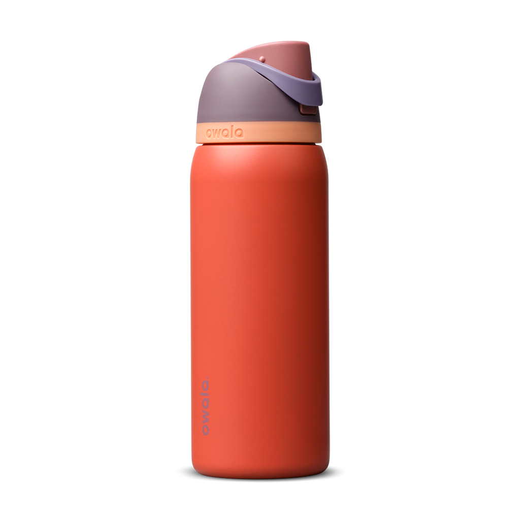 FreeSip 32oz in Terracotta Sunset, warm terracotta orange insulated bottle with muted mauve purple flip cap and peach accent band