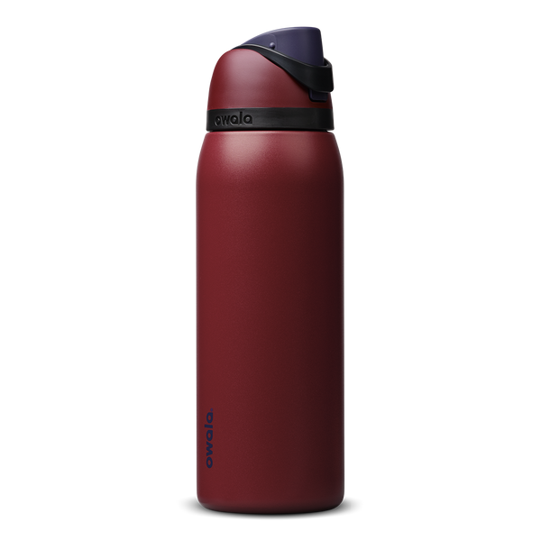 FreeSip 40oz in Burgundy Bay, deep burgundy red insulated bottle with dark navy flip cap and matching carry loop