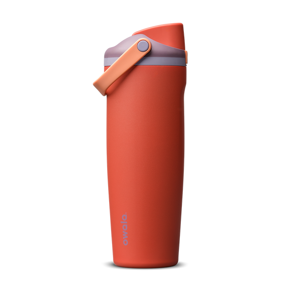 FreeSip Sway 30oz in Terracotta Sunset, terracotta orange-red insulated water bottle with matching terracotta flip cap and carry loop, lavender lid accent ring, lid open