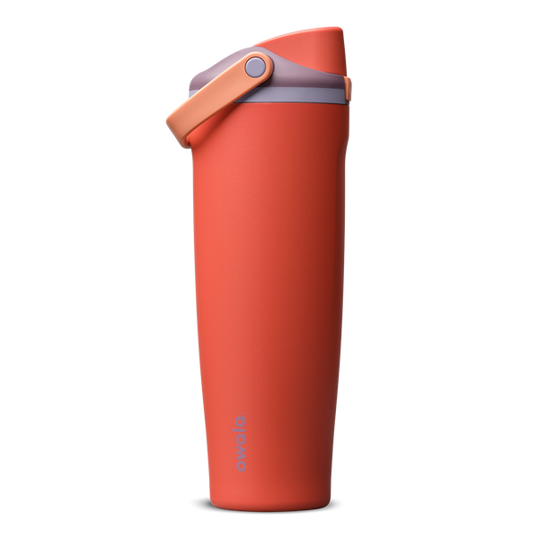 FreeSip Sway 40oz in Terracotta Sunset, terracotta orange-red insulated water bottle with matching terracotta flip cap and carry loop, lavender lid accent ring, lid open