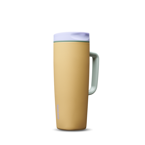 SmoothSip Slider with Handle 24oz in Beachfront, golden yellow insulated mug with lavender slider lid, mint green handle, and lavender slider button