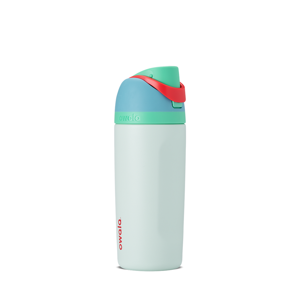 Kids FreeSip 16oz in Rainforest, pale mint green insulated bottle with teal flip cap, red carry loop accent, and teal lid
