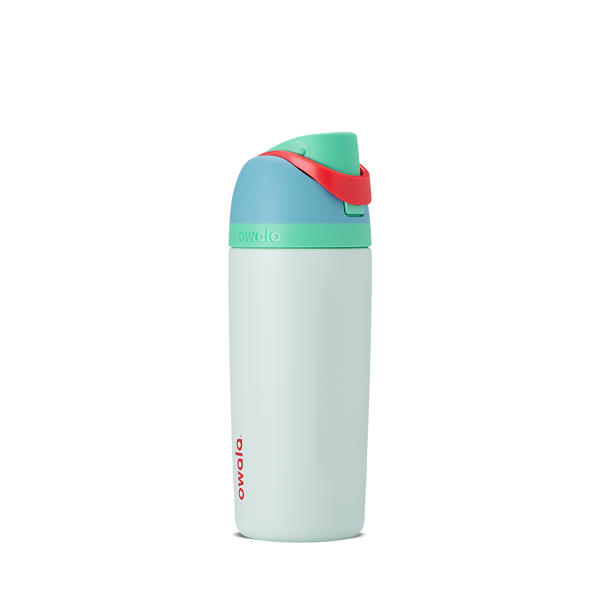 Kids FreeSip 16oz in Rainforest, pale mint green insulated bottle with teal flip cap, red carry loop accent, and teal lid