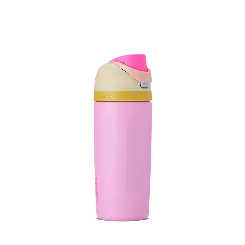 Kids FreeSip 16oz in Tutti Frutti, soft lavender-pink insulated bottle with yellow-gold accent band, pink flip cap, and carry loop