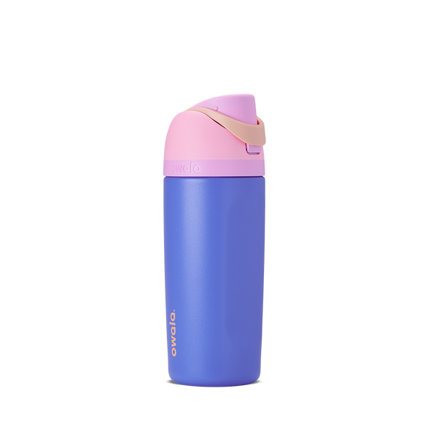 Kids FreeSip 16oz in Wild Child, bright periwinkle blue insulated bottle with pink flip cap, matching blue lid base, and gold carry loop