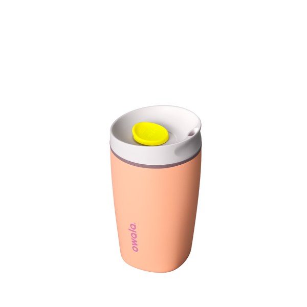 SmoothSip Slider 12oz, peach orange body with white lid and yellow slider button