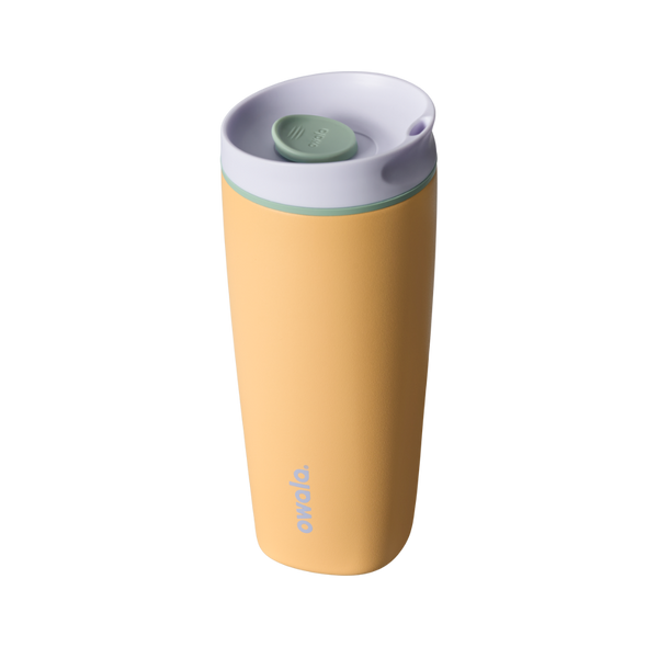 SmoothSip Slider 20oz, golden yellow body with light gray lid and mint green slider button