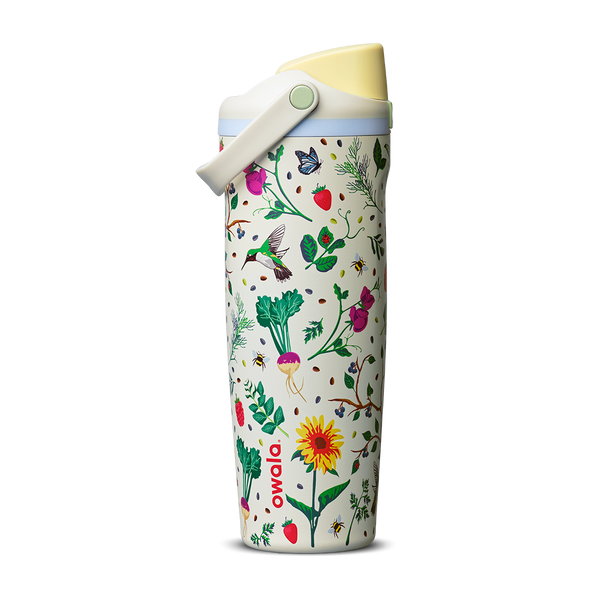 FreeSip Sway 30oz Mother's Day Garden; cream white body with colorful garden print featuring flowers, strawberries, hummingbirds, and bees, yellow flip cap, and light blue carry loop