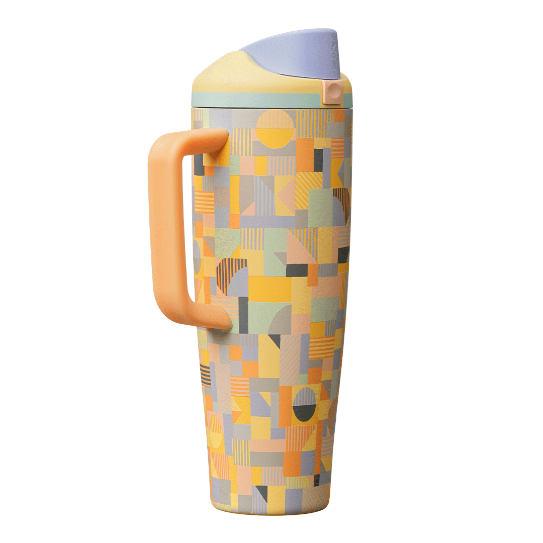 Animated mood board showing a FreeSip Tumbler 40oz in a multicolored geometric patchwork pattern of peach, mustard yellow, mint green, gray, and lavender shapes, with a peach orange side handle, light yellow lid, mint green lid accent ring, and lavender flip cap Main image